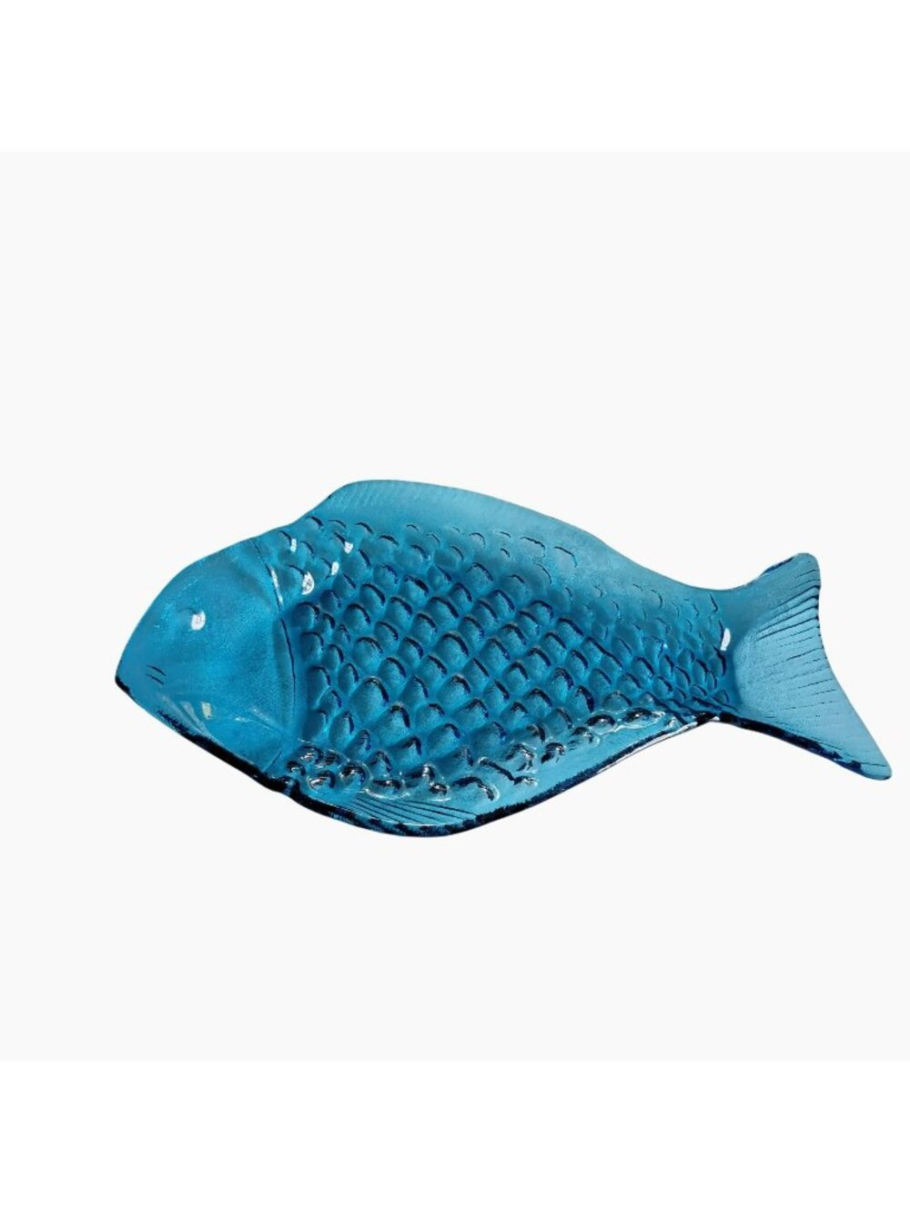 Fish-Shaped Blue Glass Serving Dish Textured 14" Coastal Tableware Beach Decor